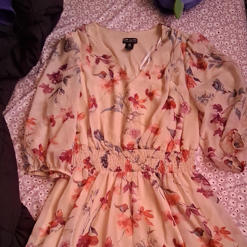 Floral V-Neck Dress with Puff Sleeves